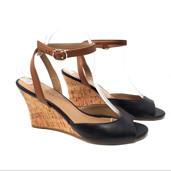 Ann Taylor Shoes - Ann Taylor | Ankle Strap Cork Wedges Black Tan 9